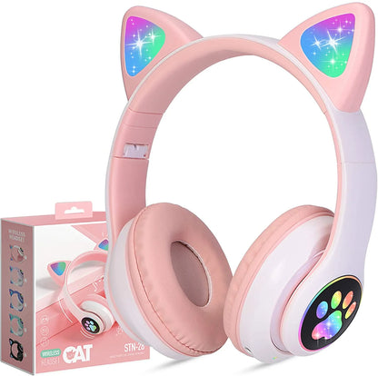 Kids Wireless Headphones Cat Ear LED Light up Bluetooth Foldable Headphones over Ear W/Microphone for Online Distant Learning (Pink)