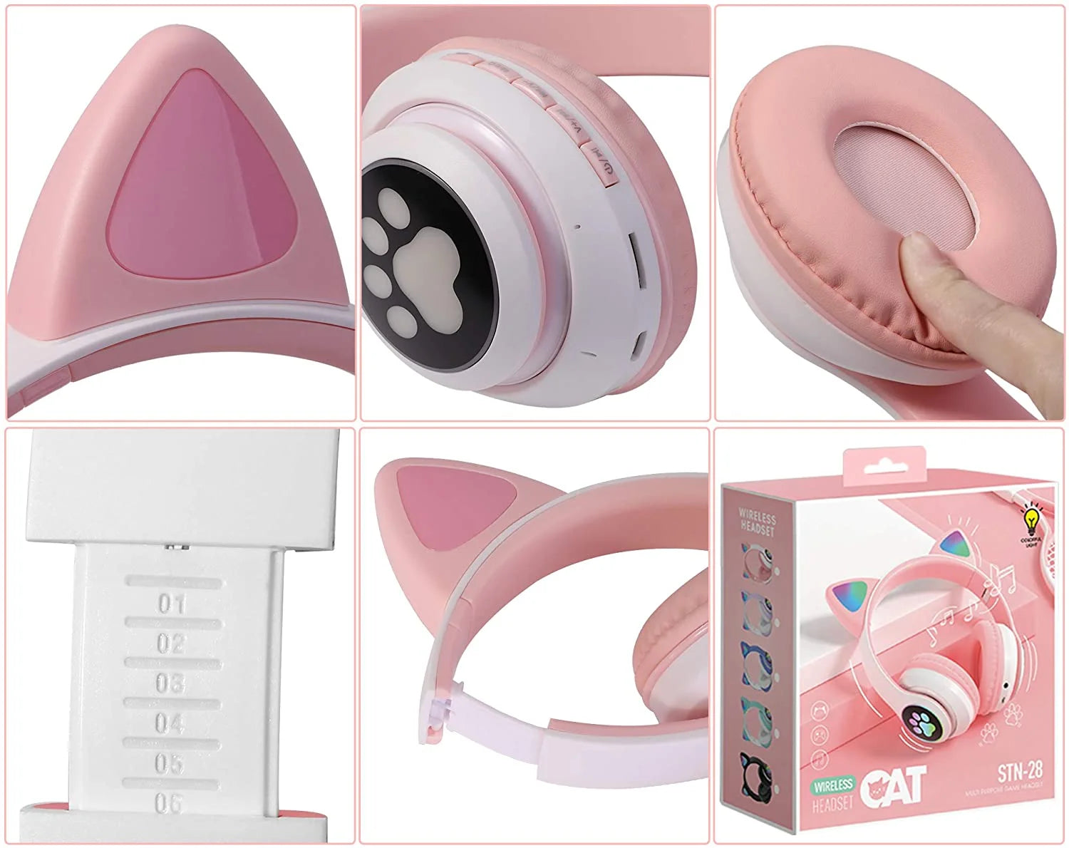 Kids Wireless Headphones Cat Ear LED Light up Bluetooth Foldable Headphones over Ear W/Microphone for Online Distant Learning (Pink)