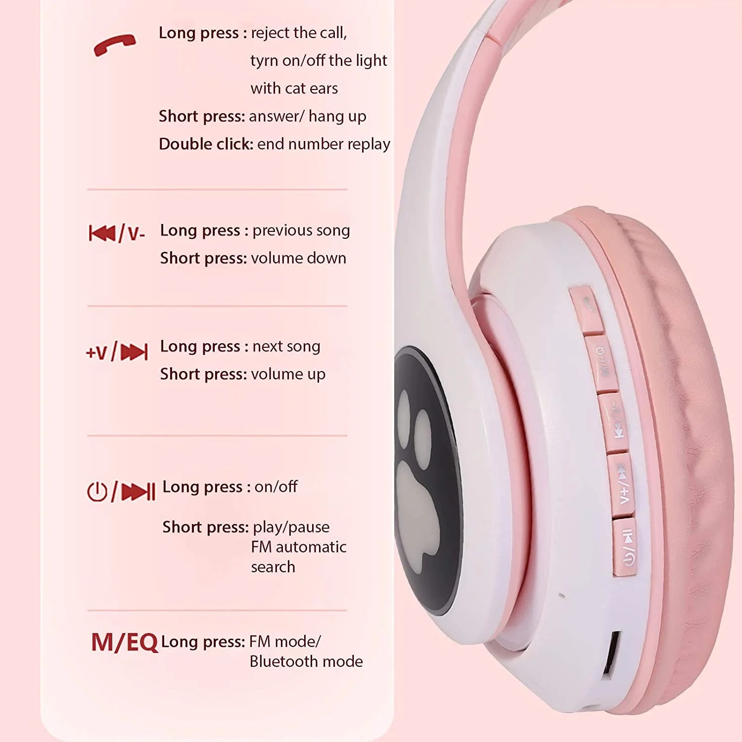 Kids Wireless Headphones Cat Ear LED Light up Bluetooth Foldable Headphones over Ear W/Microphone for Online Distant Learning (Pink)